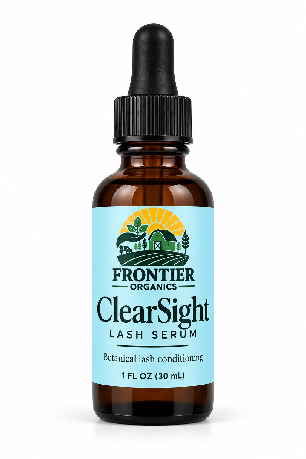 Frontier Organics ClearSight Lash Serum, 1 fl oz (30 mL), amber glass dropper bottle on a white background