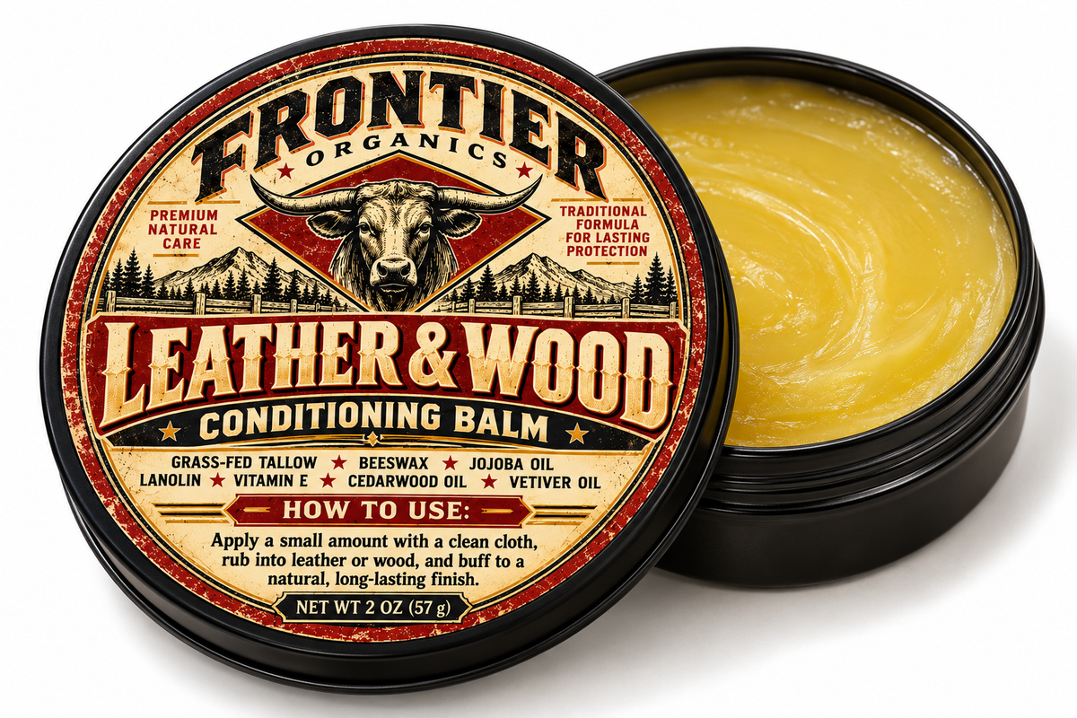 Frontier Organics Leather & Wood Conditioning Balm, open tin and labeled 2 oz lid