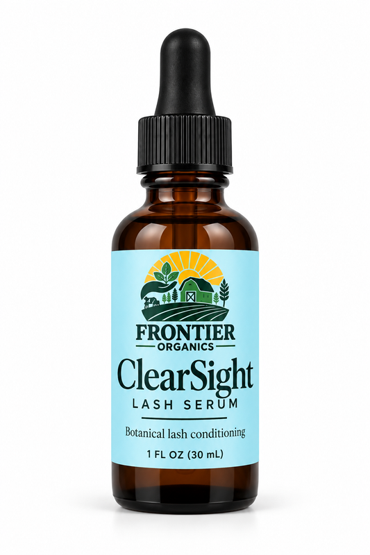 Frontier Organics ClearSight Lash Serum, 1 fl oz (30 mL), amber glass dropper bottle on a white background