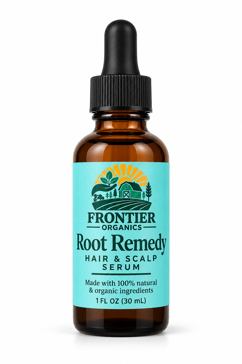 Frontier Organics Root Remedy Hair & Scalp Serum, 1 fl oz (30 mL), amber dropper bottle on a white background