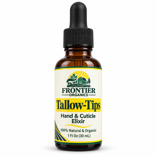Frontier Organics Tallow-Tips Hand & Cuticle Elixir, 1 fl oz amber dropper bottle on a white background