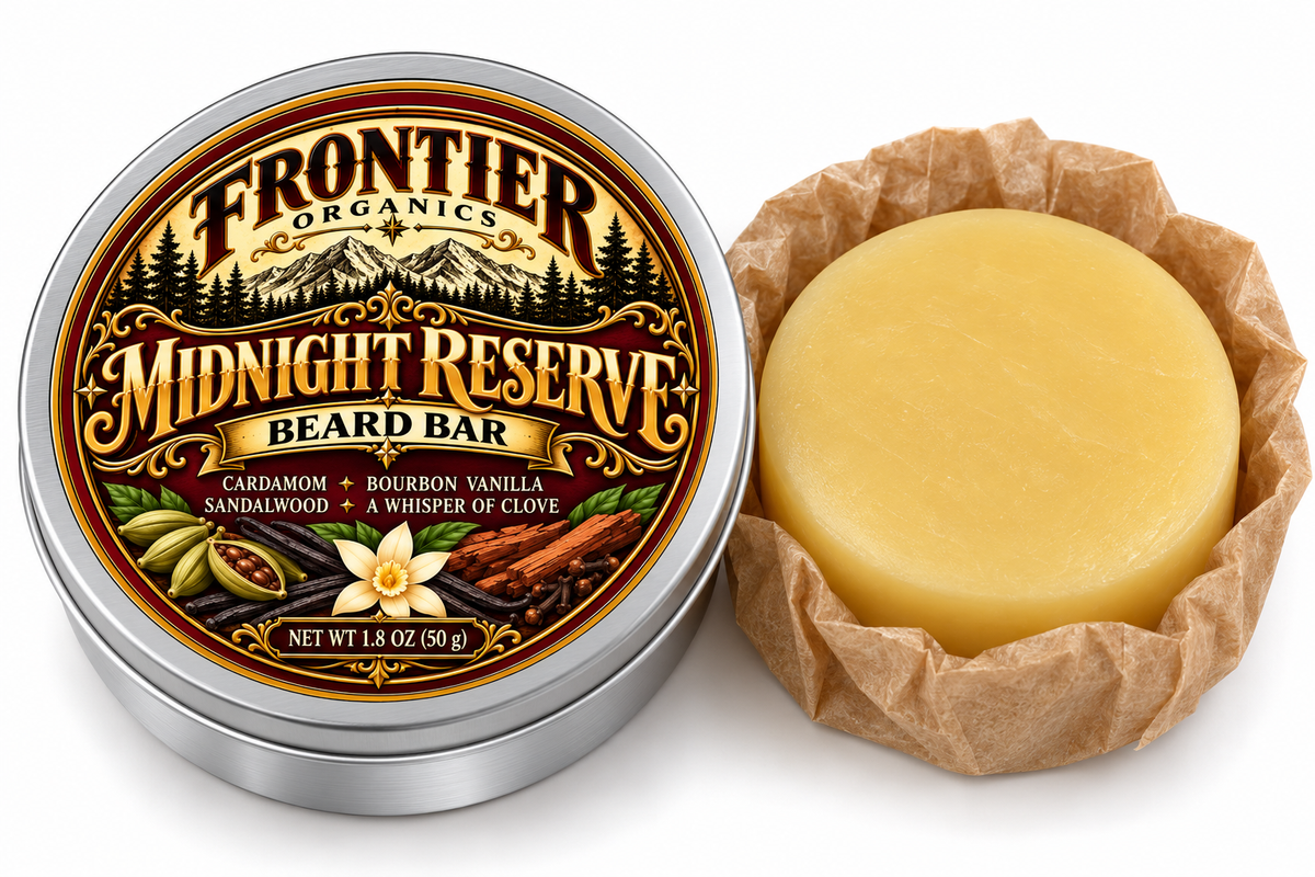 Frontier Organics Midnight Reserve Beard Bar, 50 g, with labeled tin
