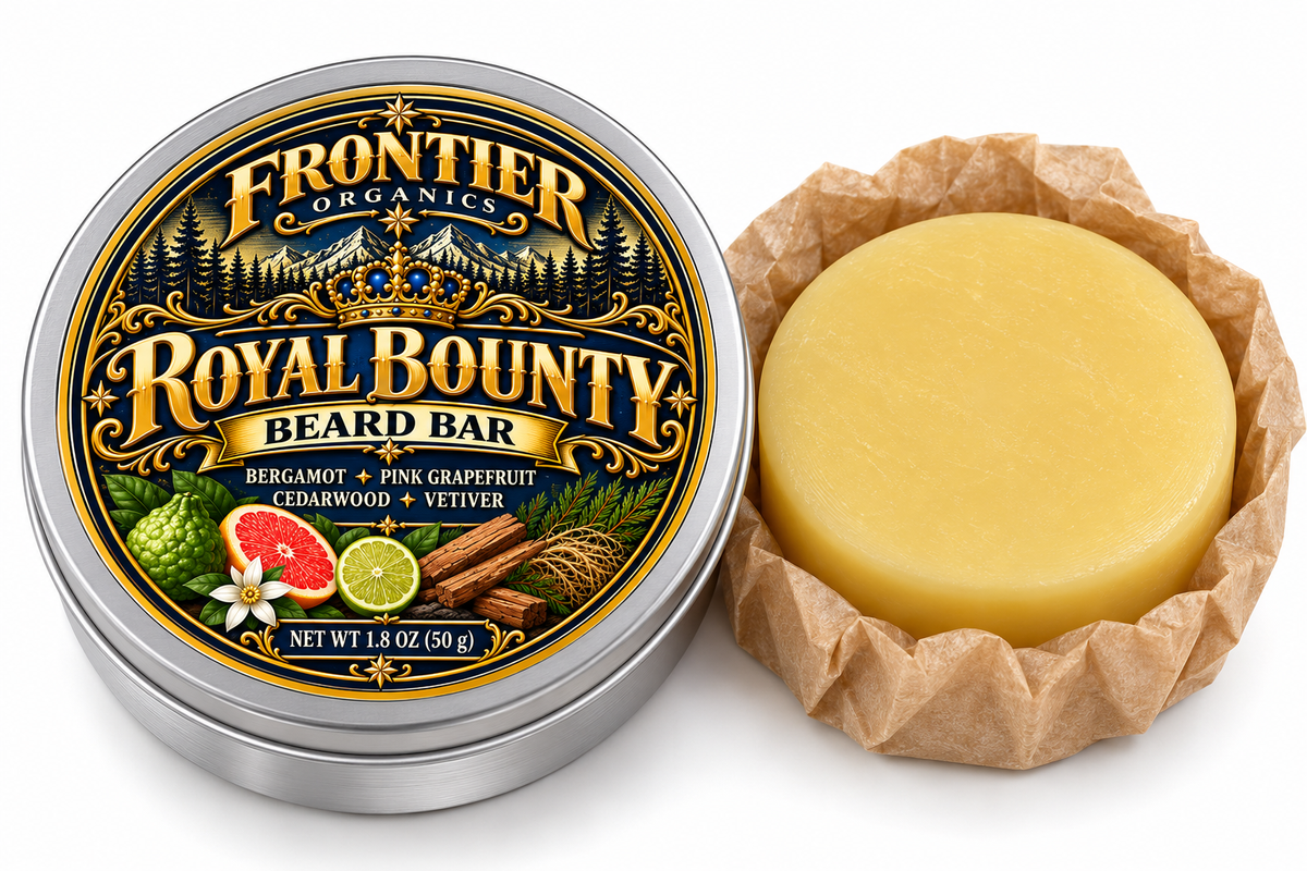 Frontier Organics Royal Bounty Beard Bar, 50 g, with labeled tin