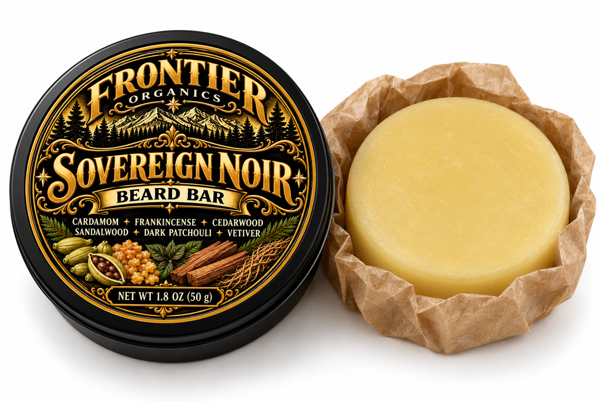 Frontier Organics Sovereign Noir Beard Bar, 50 g, with labeled tin
